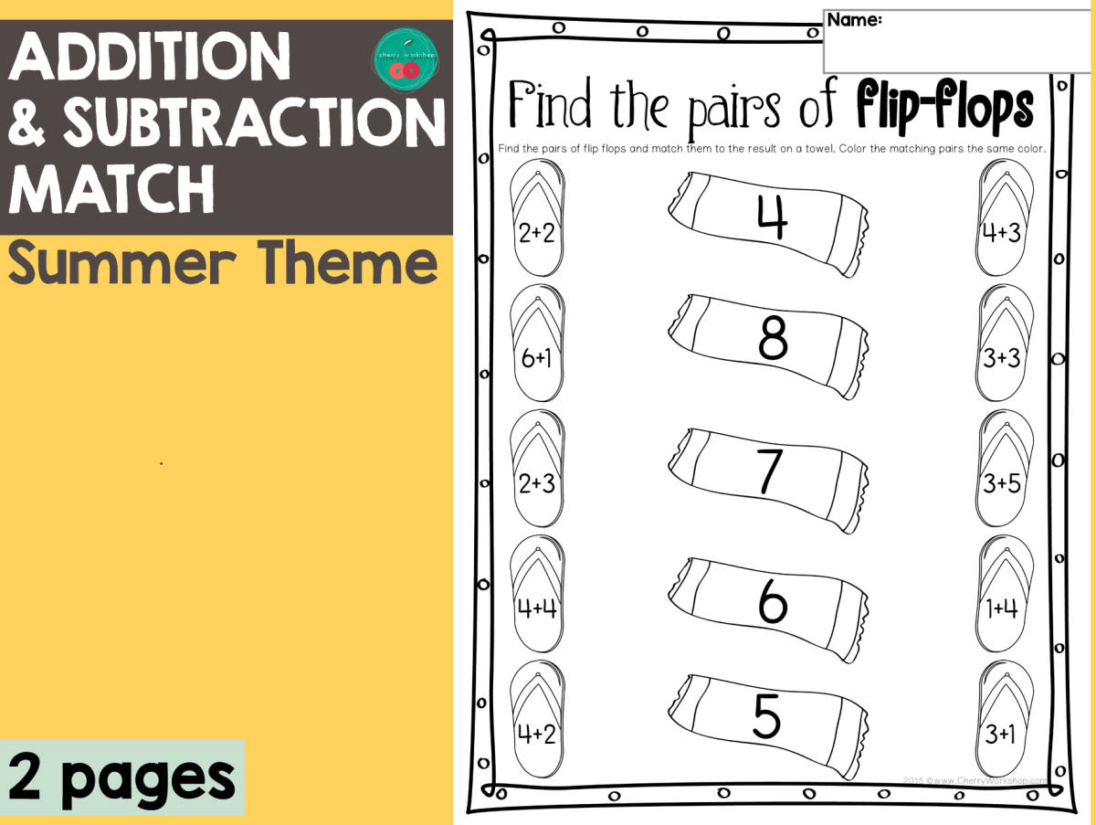 An educational teaching resource from Cherry Workshop entitled Summer Addition & Subtraction Match downloadable at Teach Simple.