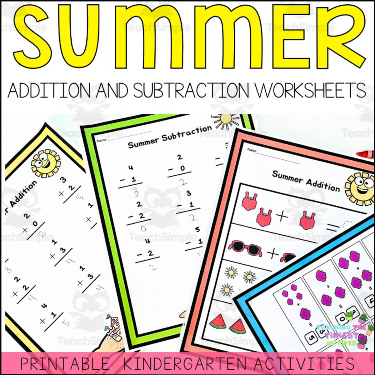 An educational teaching resource from Teaching the Tiniest of Tots entitled Summer Addition Subtraction Kindergarten Math Kindergarten Sum 1-5 downloadable at Teach Simple.