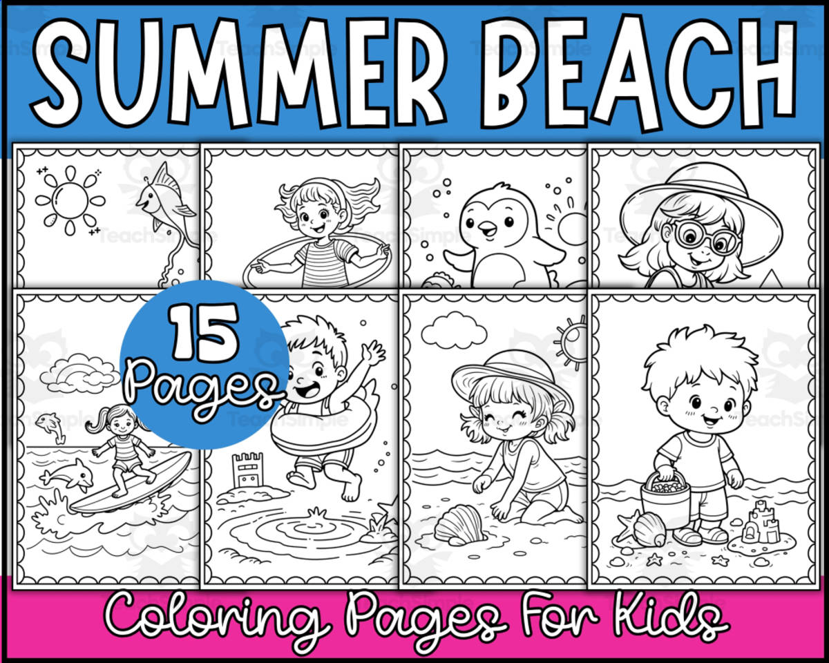 An educational teaching resource from Wonderland School entitled Summer Beach Coloring Pages | National Beach Day Coloring Sheets downloadable at Teach Simple.