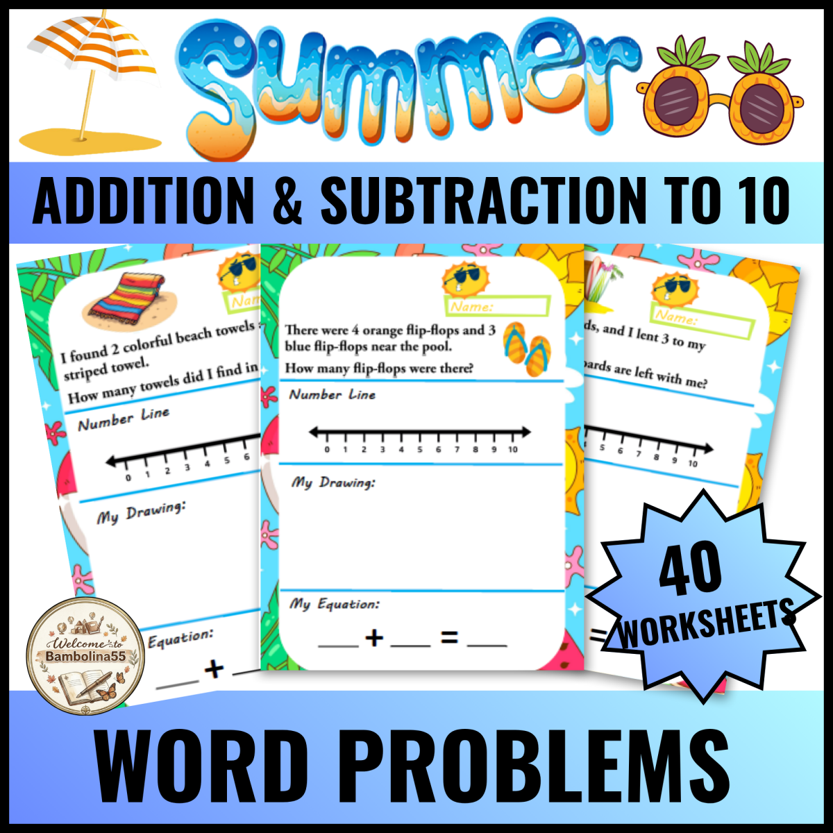 An educational teaching resource from Bambolina55 entitled Summer Beach Math Word Problems Kindergarten Addition and Subtraction downloadable at Teach Simple.