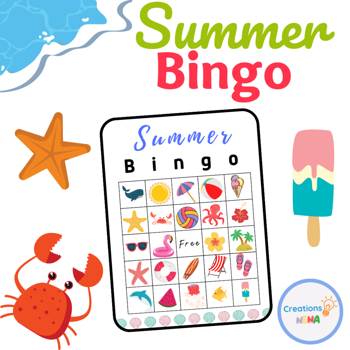An educational teaching resource from Nena Creations entitled Summer Bingo Cards for Kids. downloadable at Teach Simple.