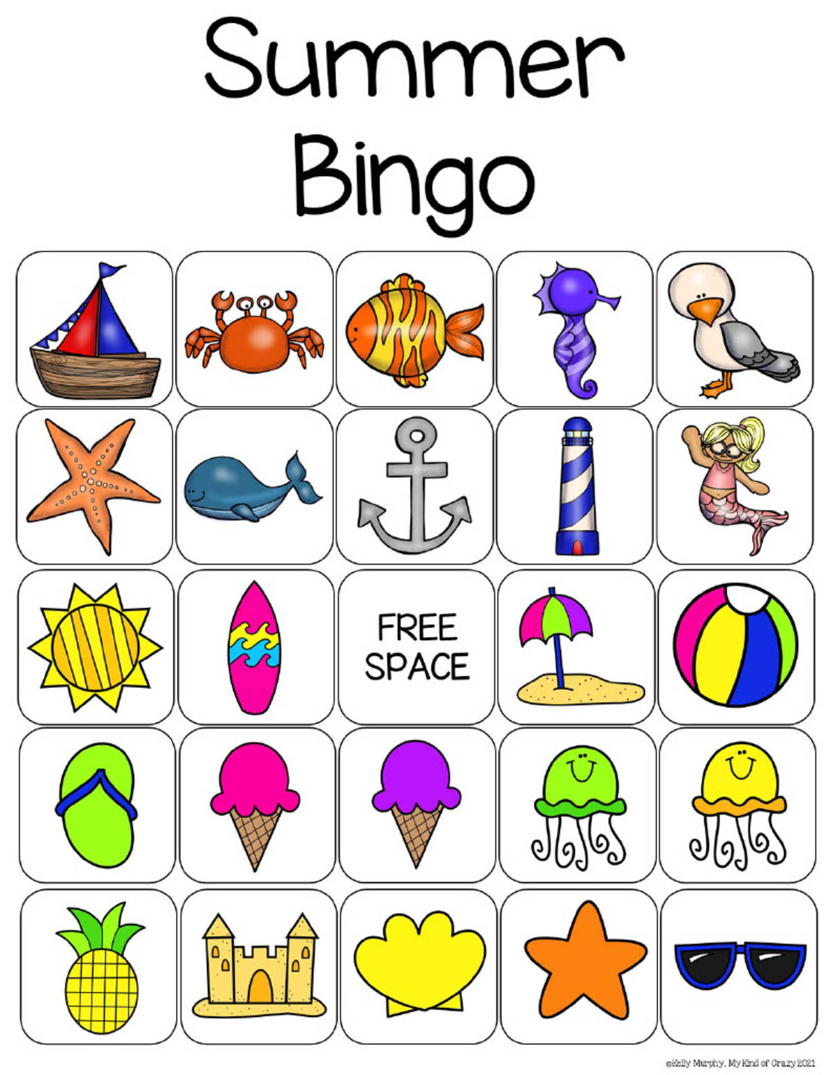 An educational teaching resource from My Kind of Crazy entitled Summer Bingo downloadable at Teach Simple.