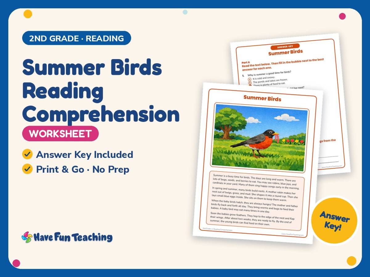 Summer Birds Reading Comprehension Worksheet – 2nd Grade Animals preview