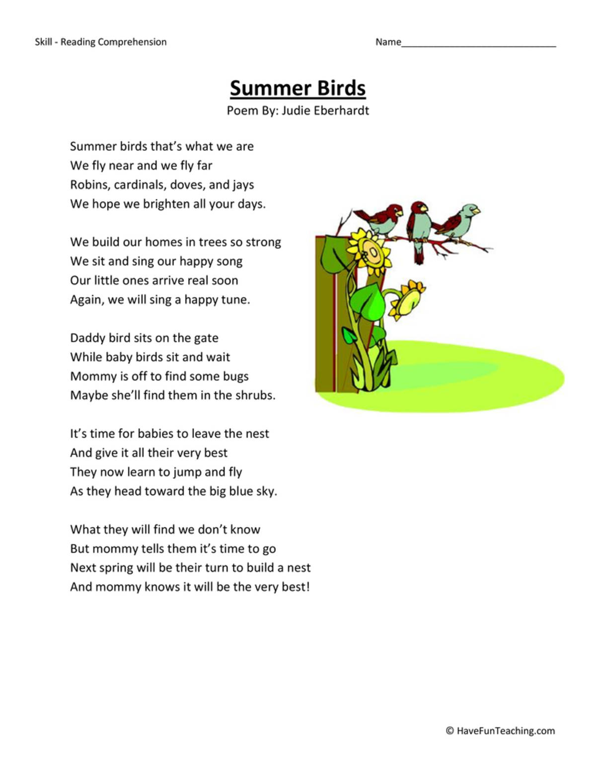 An educational teaching resource from Have Fun Teaching entitled Summer Birds Reading Comprehension Worksheet downloadable at Teach Simple.