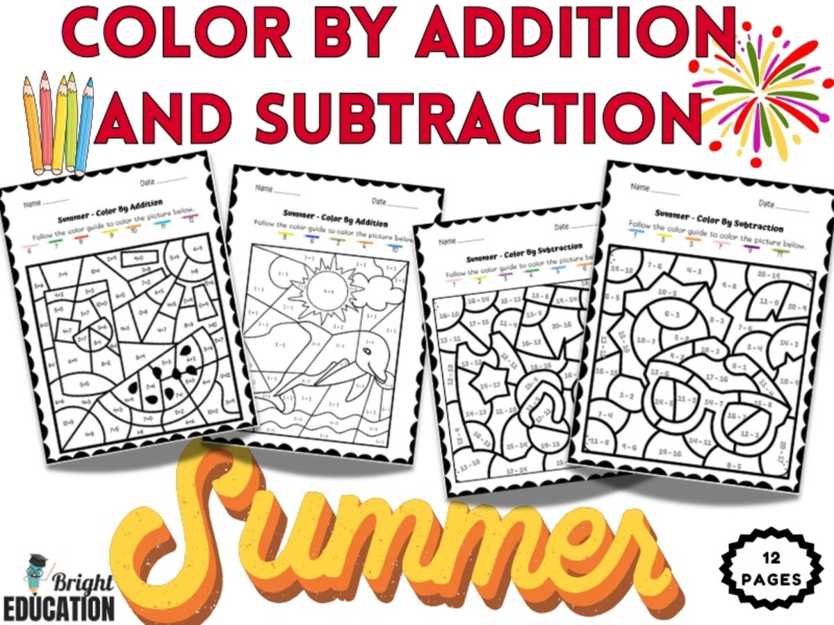 An educational teaching resource from Bright Education entitled Summer Break Color by Addition and Subtraction – Math Coloring Sheets downloadable at Teach Simple.