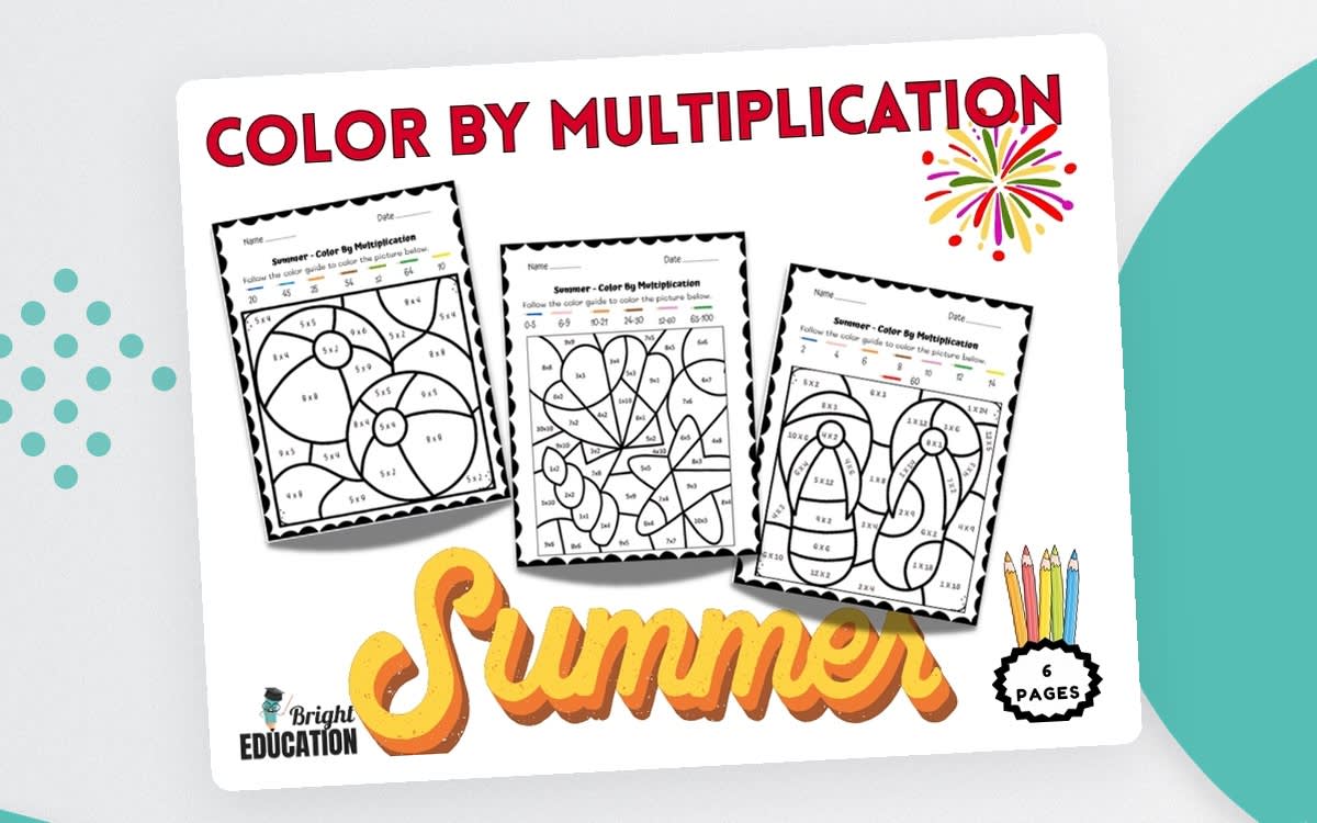 An educational teaching resource from Bright Education entitled Summer Break Color by Multiplication – End of Year Math Coloring Sheet downloadable at Teach Simple.