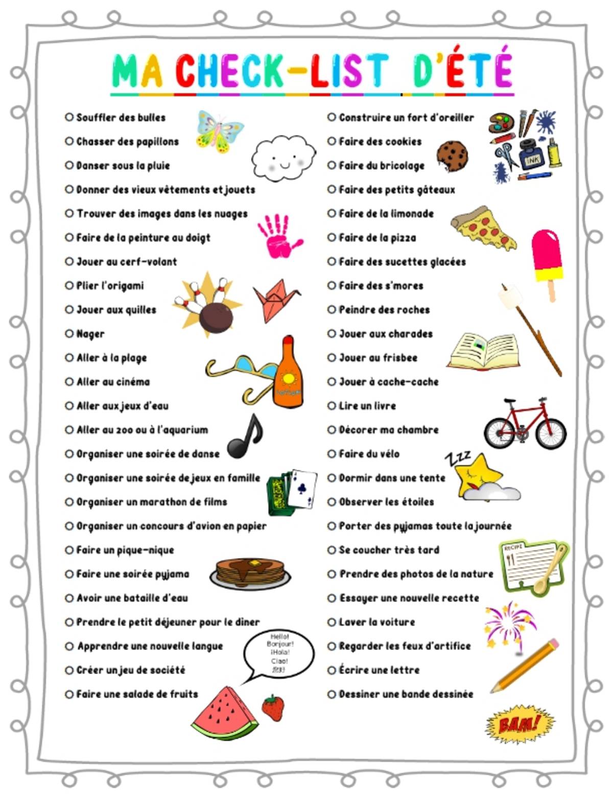 An educational teaching resource from Brave Education entitled Summer Checklist for Kid's Bucket List ( French Version ) downloadable at Teach Simple.