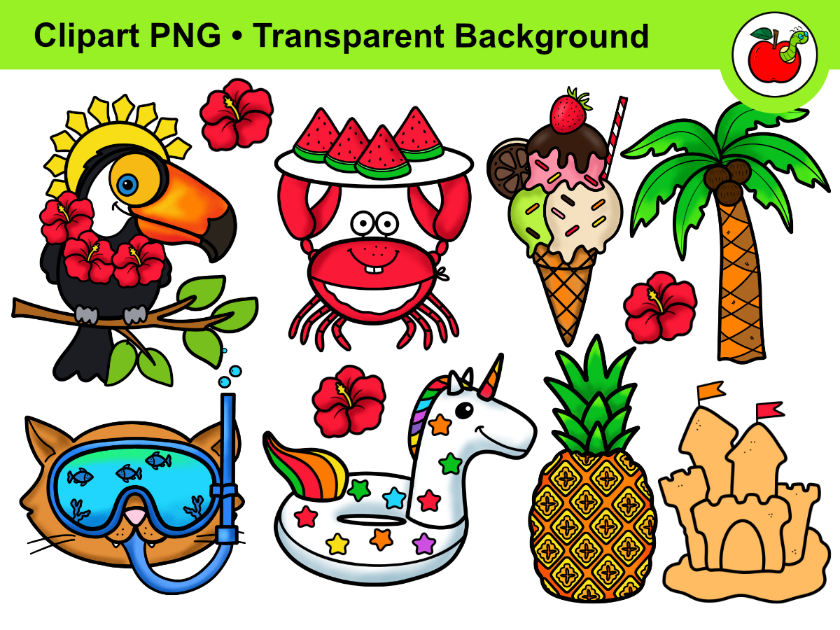 An educational teaching resource from Clipartino entitled Summer Clipart – Beach Clipart – Tropical Clipart PNG downloadable at Teach Simple.