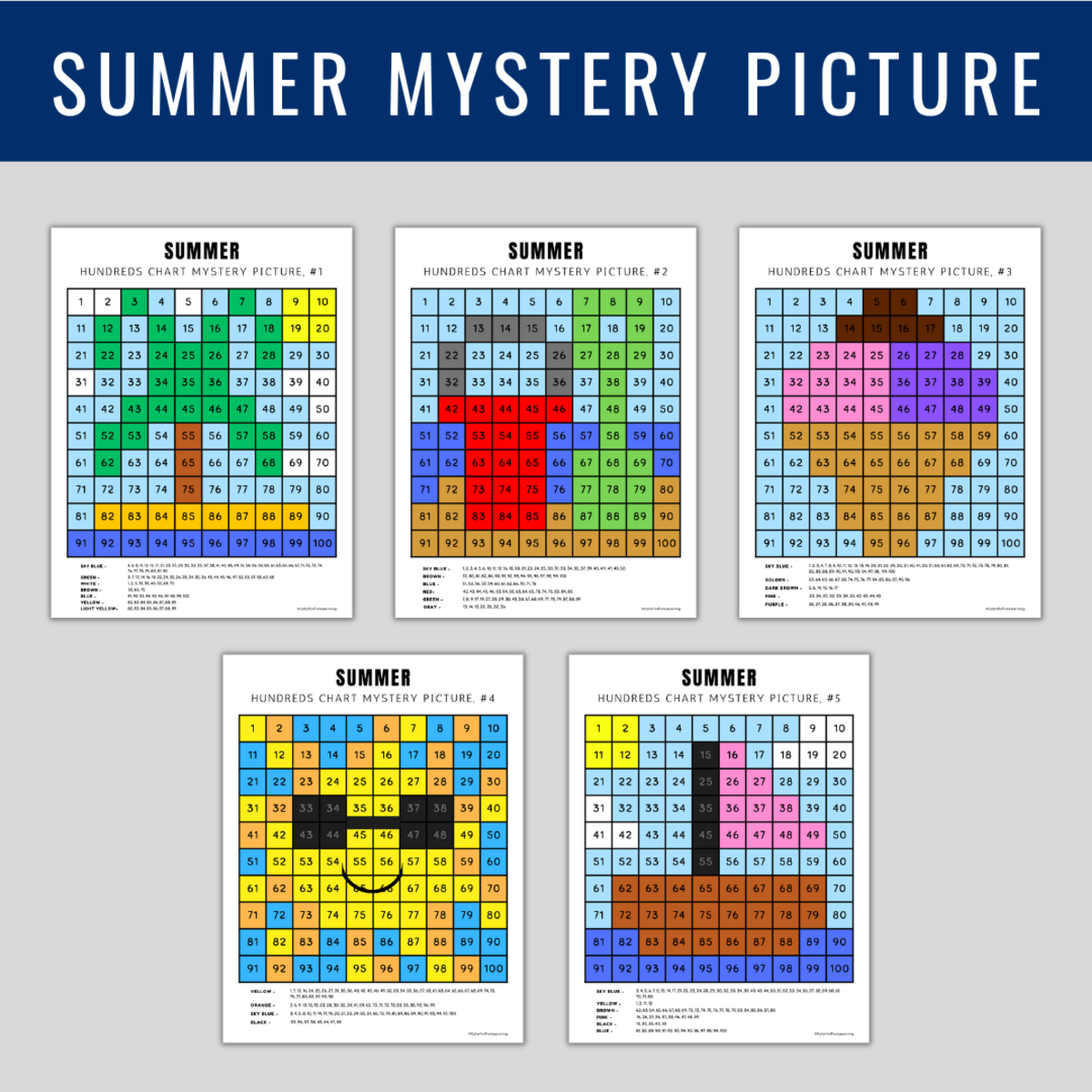 An educational teaching resource from Colorful Fun Learning entitled Summer Hundreds Chart – Color by Number Mystery downloadable at Teach Simple.