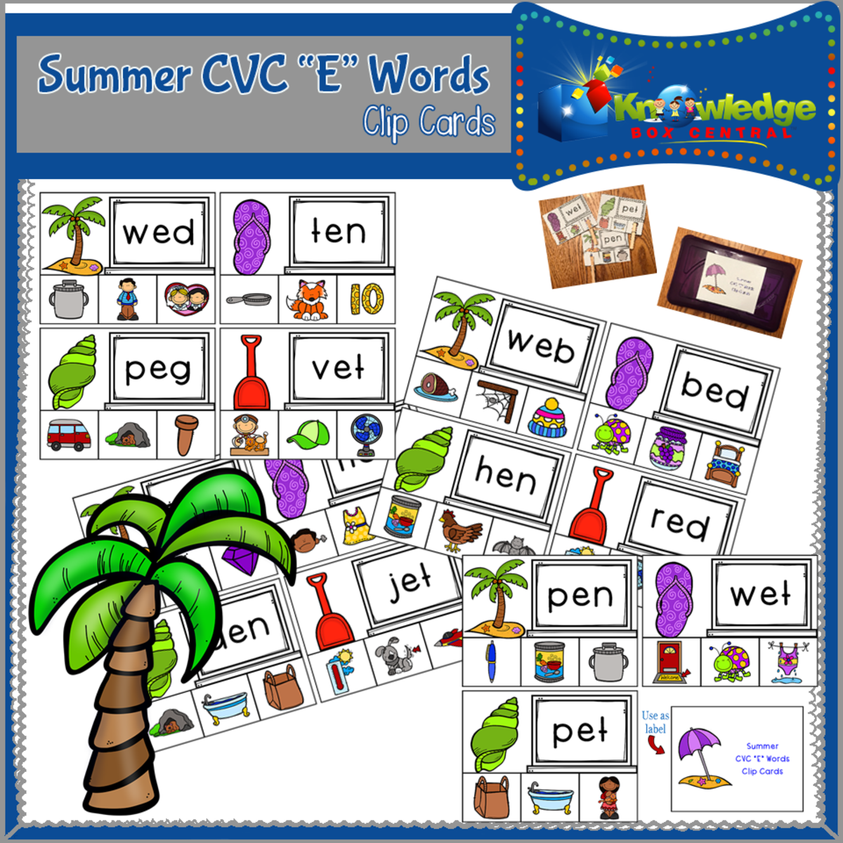 An educational teaching resource from Knowledge Box Central entitled Summer CVC "E" Words Clip Cards - EBOOK downloadable at Teach Simple.