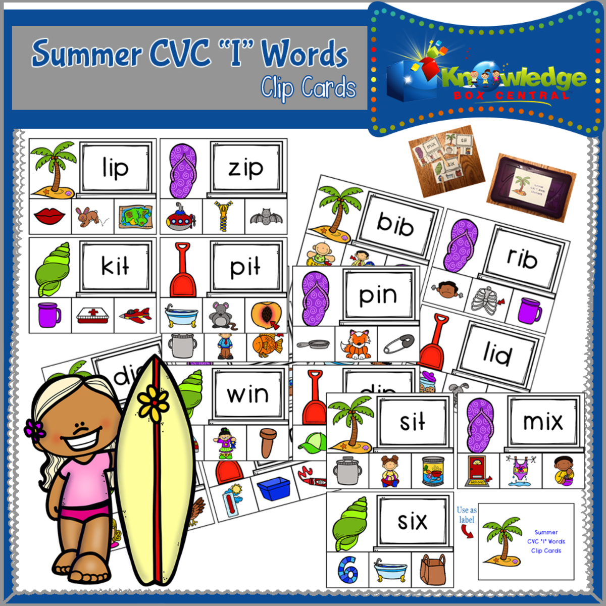 An educational teaching resource from Knowledge Box Central entitled Summer CVC "I" Words Clip Cards - EBOOK downloadable at Teach Simple.