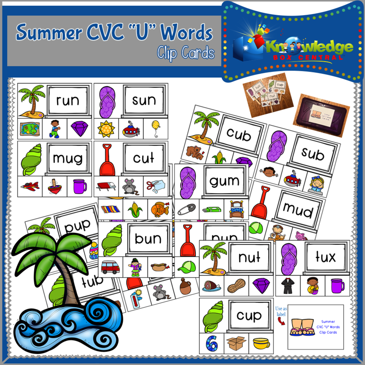 An educational teaching resource from Knowledge Box Central entitled Summer CVC "U" Words Clip Cards - EBOOK downloadable at Teach Simple.