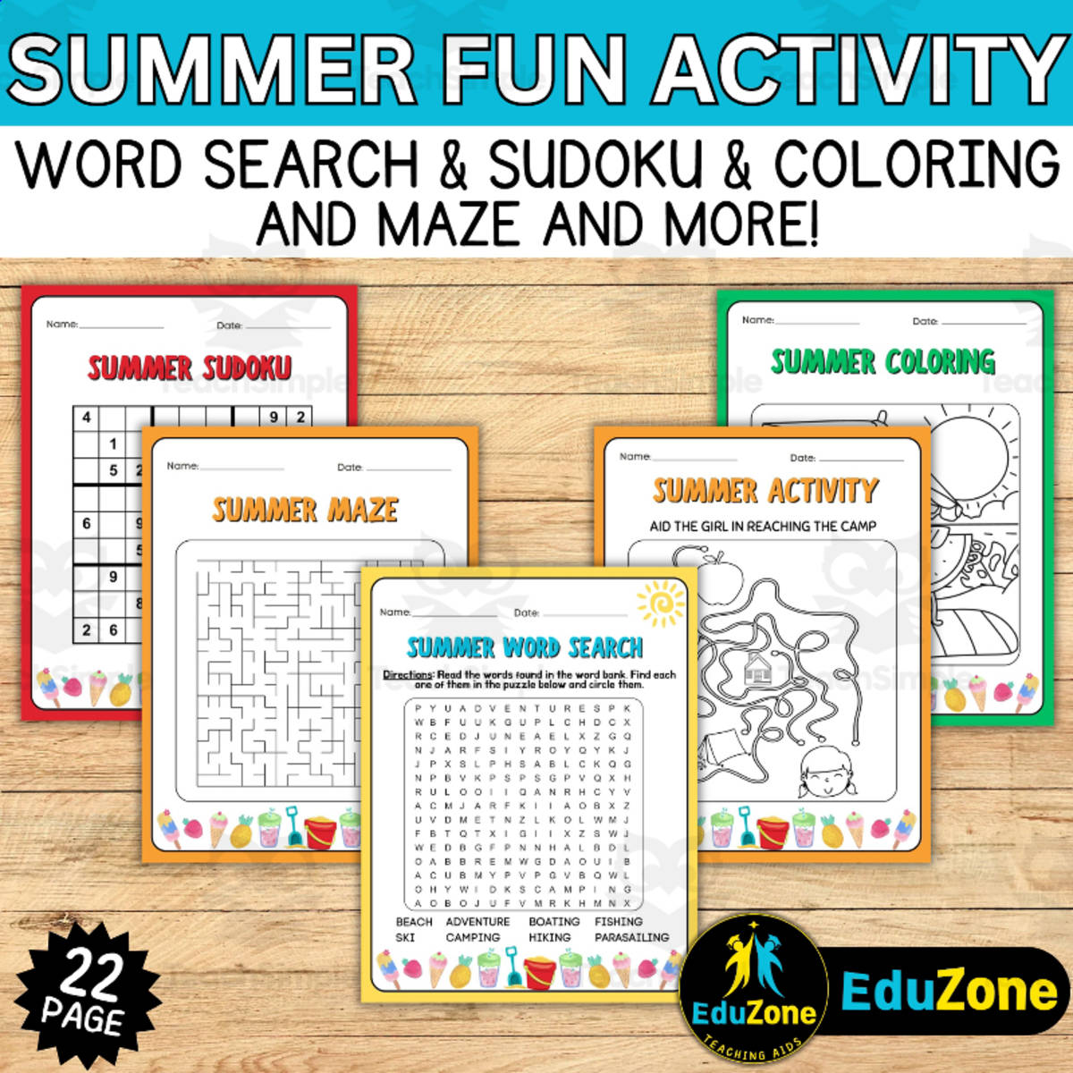 An educational teaching resource from Style Your Classroom entitled Summer Fun Activity Book for Kids Ages 3-5: Puzzles, Games, Coloring. downloadable at Teach Simple.