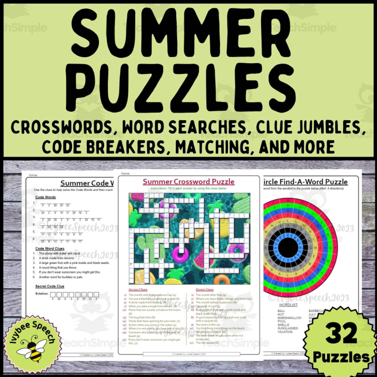 An educational teaching resource from Ivybee Speech entitled Summer Fun Puzzle Activities Crosswords Word Searches Code Breakers and More downloadable at Teach Simple.
