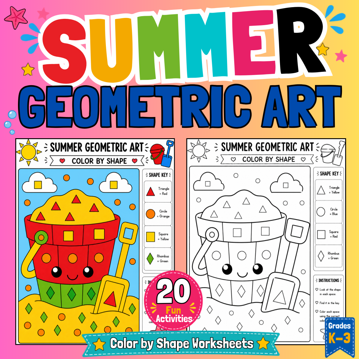 An educational teaching resource from learnMix entitled Summer Geometric Art Color by Shape Worksheets Summer Coloring Pages downloadable at Teach Simple.