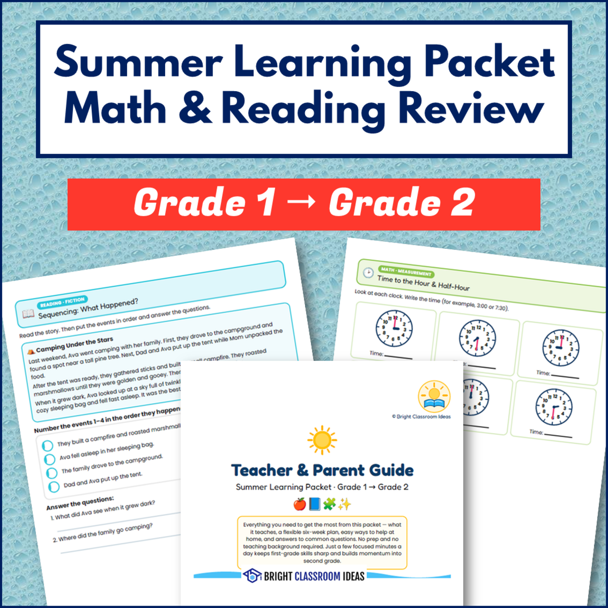 An educational teaching resource from Bright Classroom Ideas Marketplace entitled Summer Learning Packet Grade 1 to Grade 2 | Math & Reading Review downloadable at Teach Simple.
