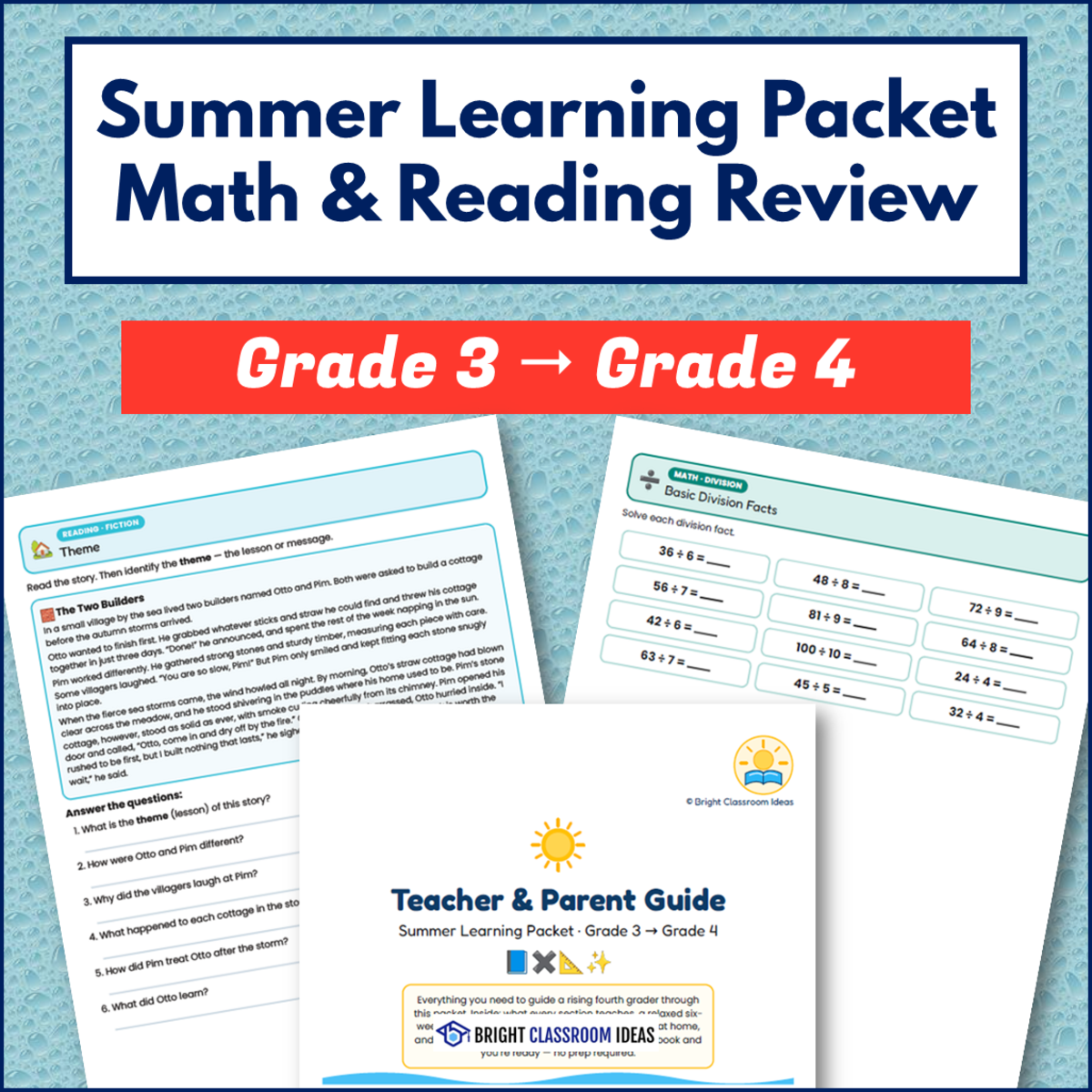 An educational teaching resource from Bright Classroom Ideas Marketplace entitled Summer Learning Packet Grade 3 to Grade 4 | Math & Reading Review downloadable at Teach Simple.