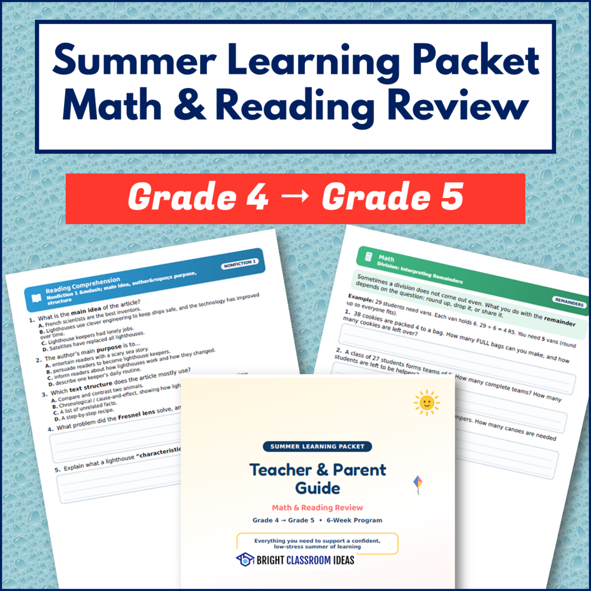 An educational teaching resource from Bright Classroom Ideas Marketplace entitled Summer Learning Packet Grade 4 to Grade 5 | Math & Reading Review downloadable at Teach Simple.