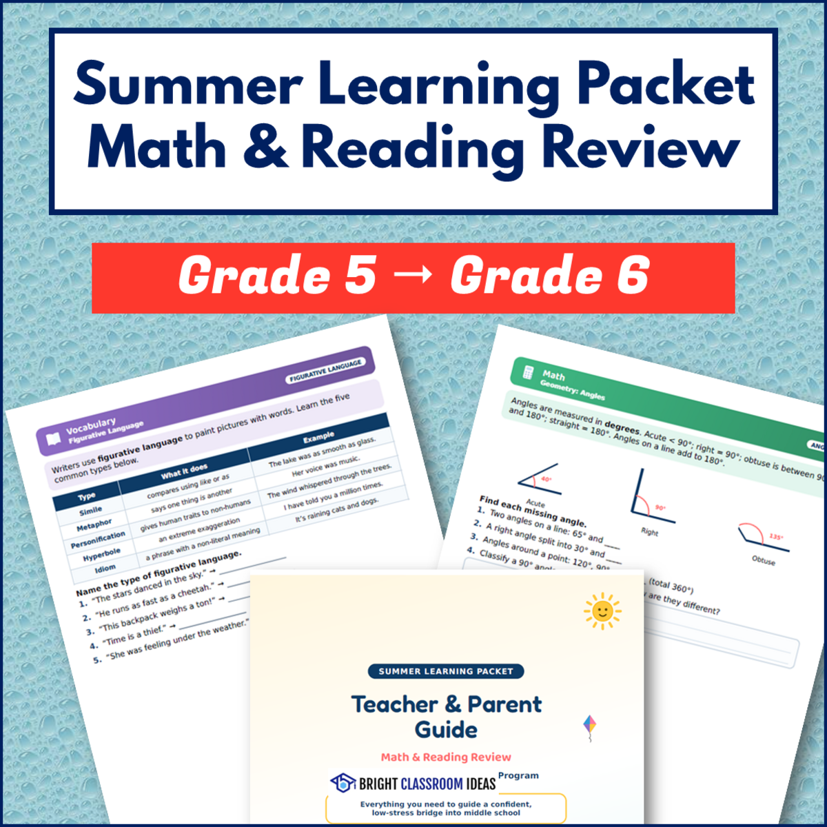 An educational teaching resource from Bright Classroom Ideas Marketplace entitled Summer Learning Packet Grade 5 to Grade 6 | Math & Reading Review downloadable at Teach Simple.