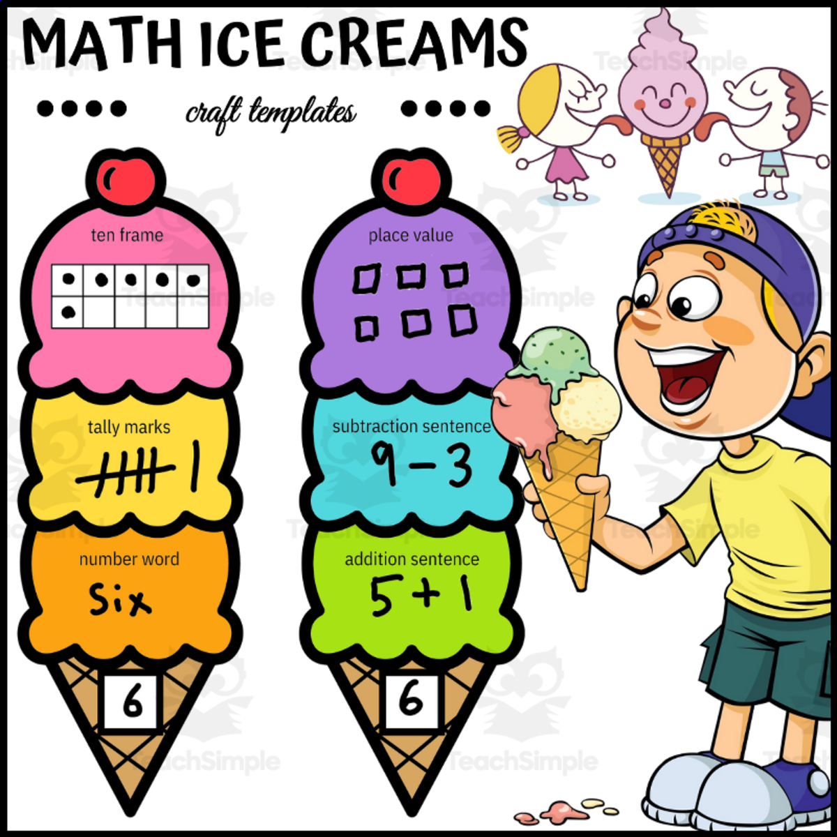 An educational teaching resource from 1 Teaches 2 Learn entitled Summer Math Fun: Ice Cream Craft - Numbers 1-20 downloadable at Teach Simple.