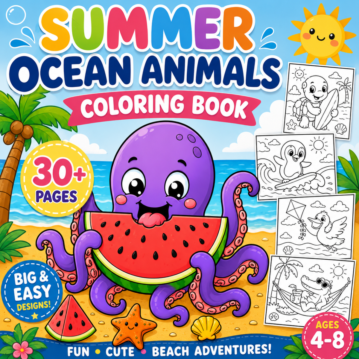 An educational teaching resource from learnMix entitled Summer Ocean Animals Coloring Book for Kids Ages 4-8 Easy Beach downloadable at Teach Simple.