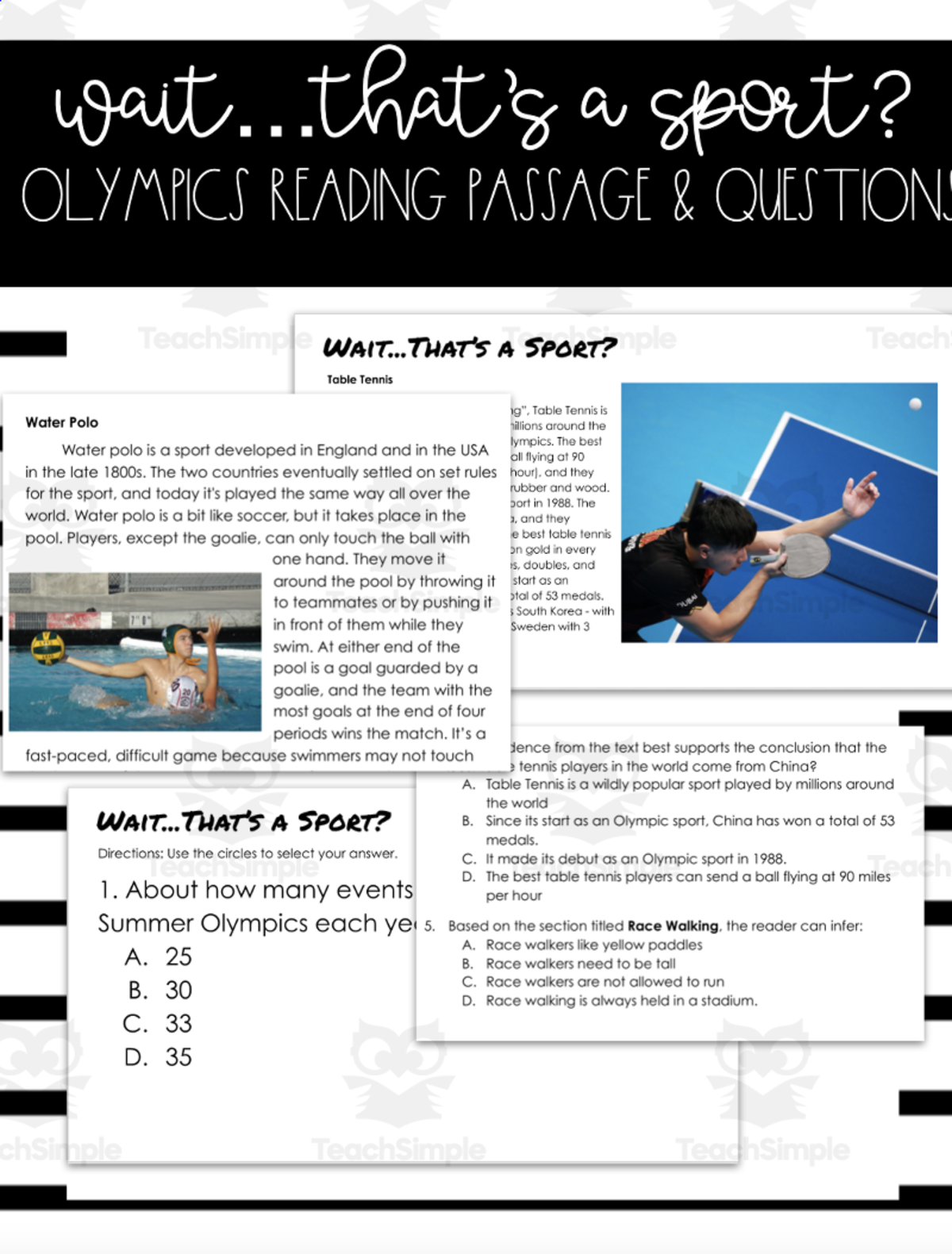 An educational teaching resource from SchoolingSara entitled Summer Olympics Reading Passage and Questions 2nd-5th Grade Version downloadable at Teach Simple.