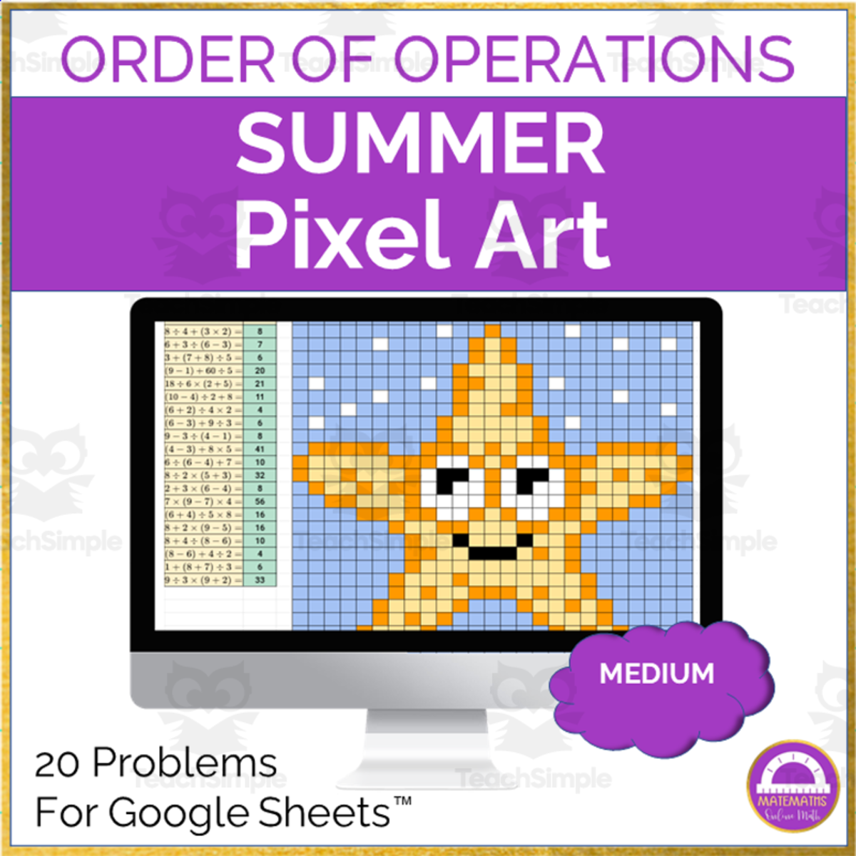 An educational teaching resource from Matemaths entitled Summer Order of Operation Medium Pixel Art downloadable at Teach Simple.