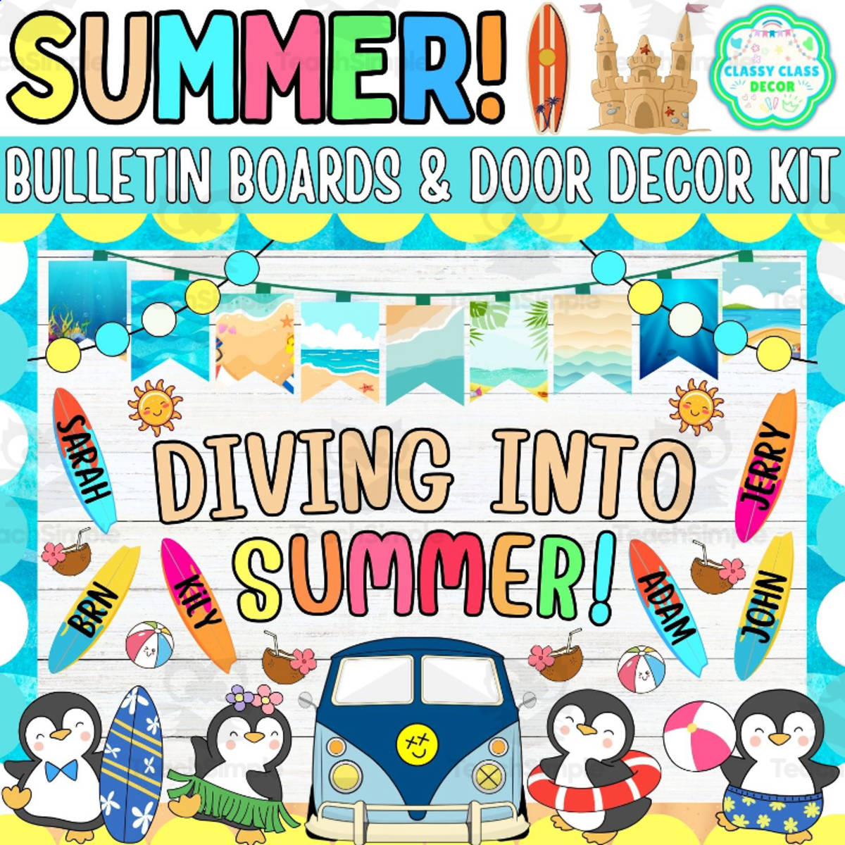 An educational teaching resource from Classy Class Decor entitled Summer Penguin Bulletin board And door Decor kit: Diving into Summer! downloadable at Teach Simple.