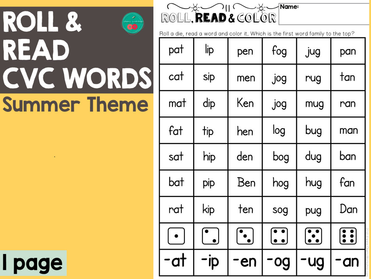 An educational teaching resource from Cherry Workshop entitled Summer Roll & Read CVC Words downloadable at Teach Simple.