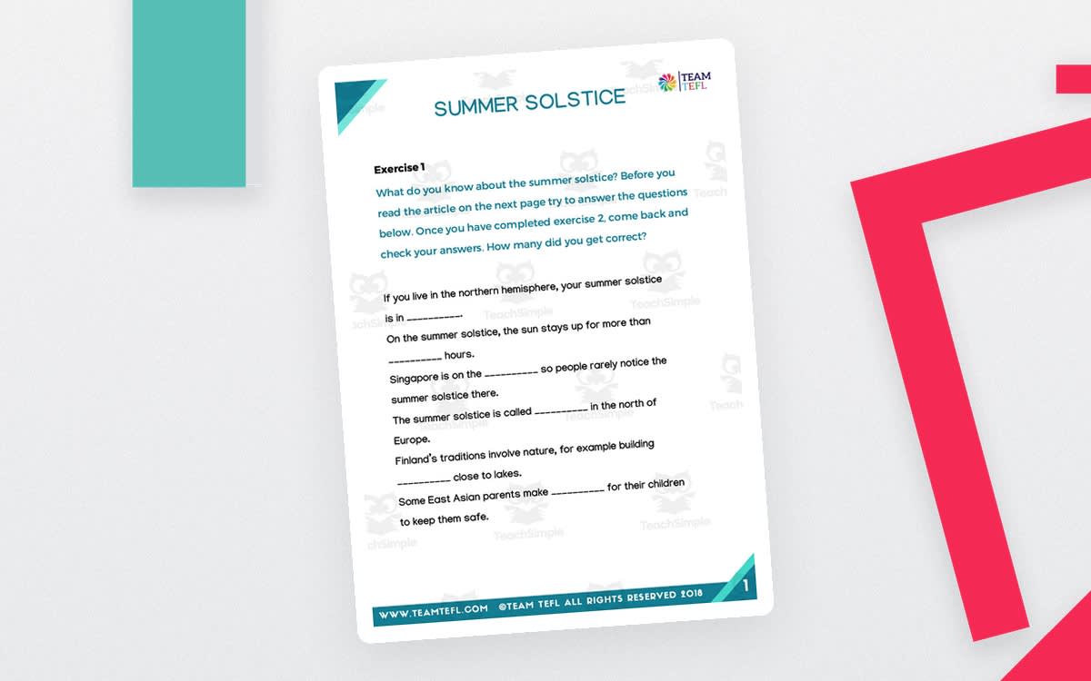 An educational teaching resource from TEAM TEFL entitled Summer Solstice Reading Activities downloadable at Teach Simple.
