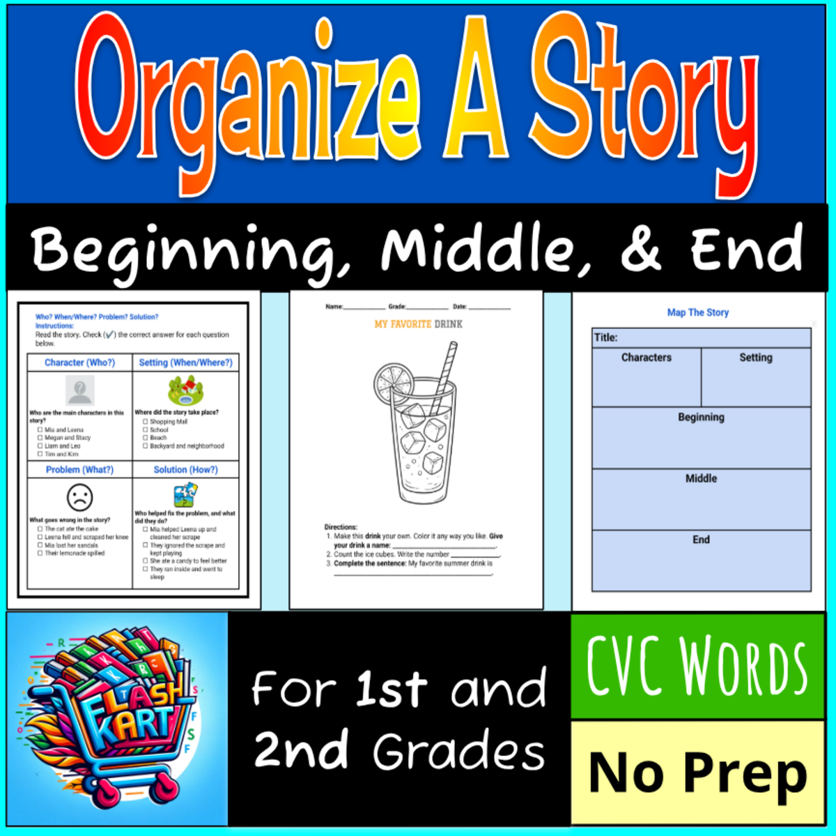 An educational teaching resource from FlashKart entitled Summer Story Graphic Organizer & Activities for 1st and 2nd Grades downloadable at Teach Simple.