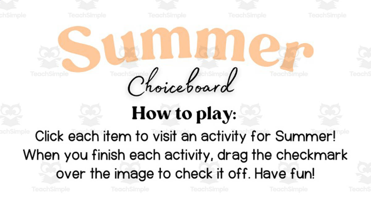 An educational teaching resource from Joyful Noise Teaching entitled Summer Time Choice Board downloadable at Teach Simple.