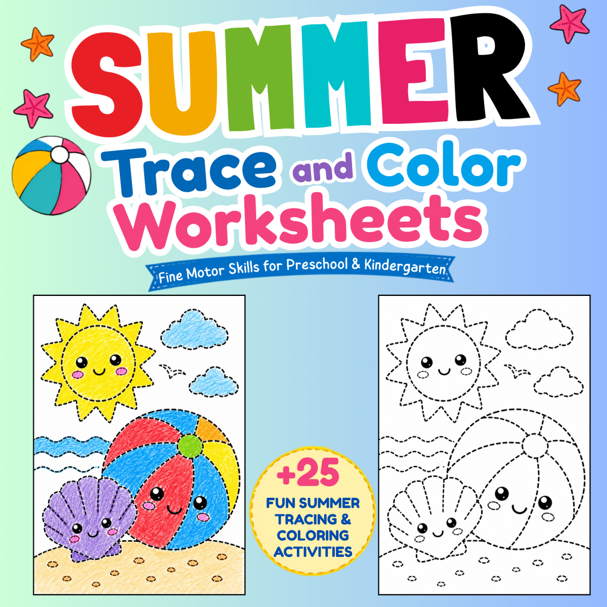 An educational teaching resource from learnMix entitled Summer Trace and Color Worksheets Fine Motor Skills Activities downloadable at Teach Simple.