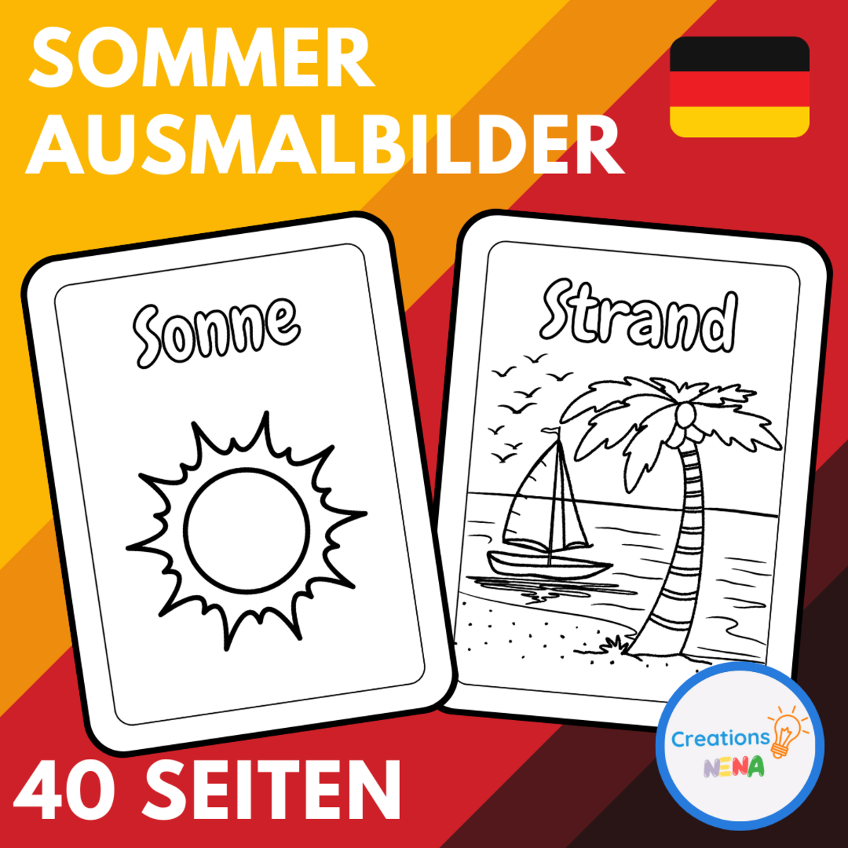 An educational teaching resource from Nena Creations entitled Summer Vocabulary Coloring Pages in German. downloadable at Teach Simple.