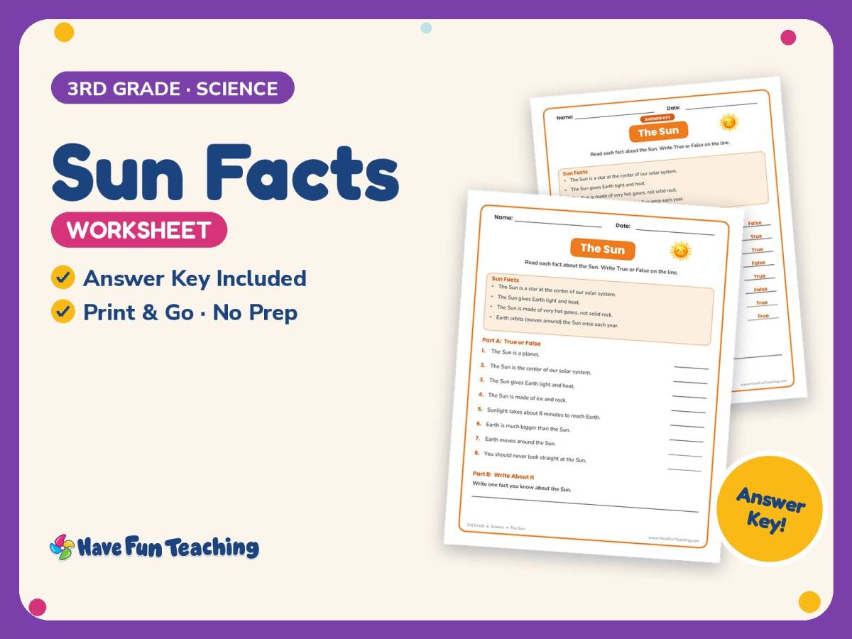 Sun Facts Worksheet – 3rd Grade Space Practice + Answer Key preview