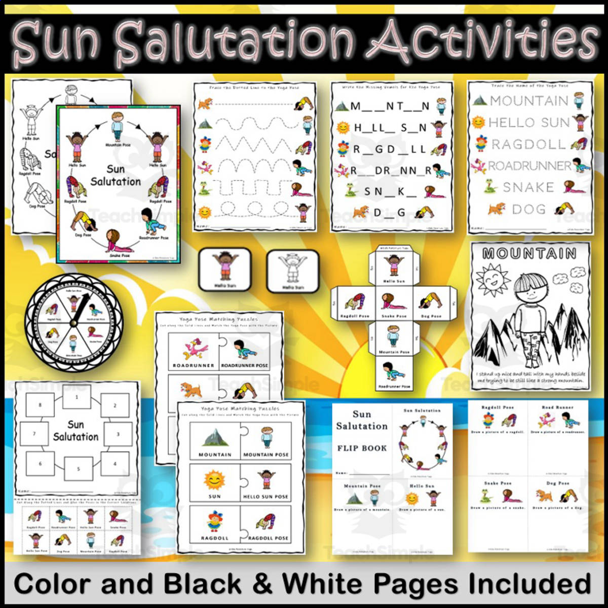 An educational teaching resource from Kids Adventure Yoga entitled Sun Salutation Kids Yoga Games Activities Set downloadable at Teach Simple.