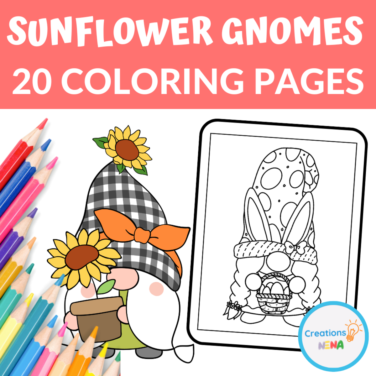 An educational teaching resource from Nena Creations entitled Sunflower Gnomes Coloring Pages downloadable at Teach Simple.
