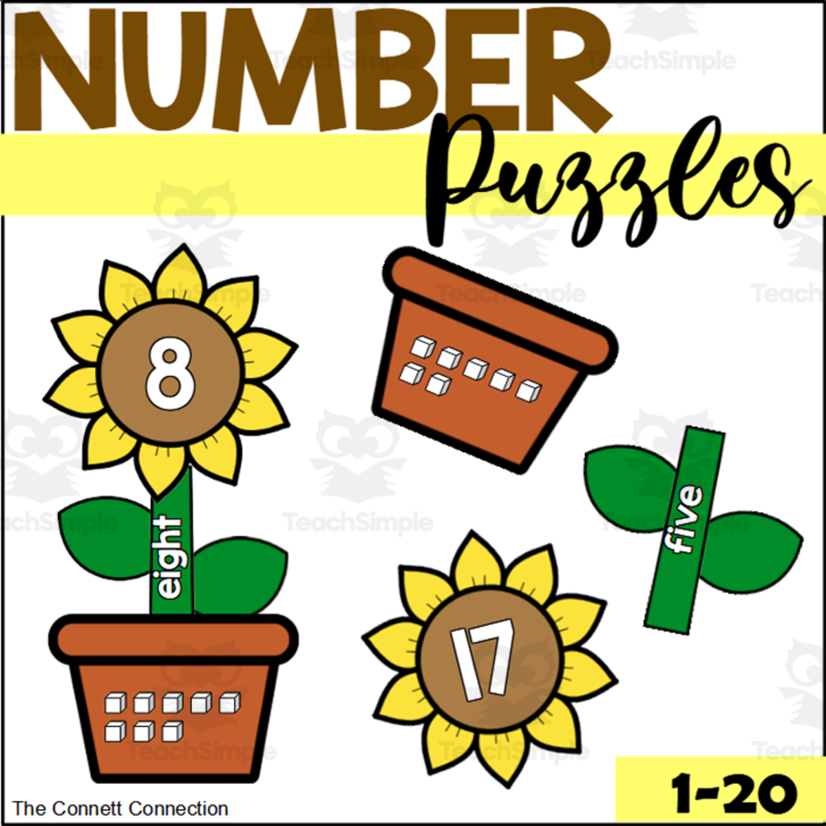 An educational teaching resource from The Connett Connection entitled Sunflower Number Puzzles 1-20 downloadable at Teach Simple.