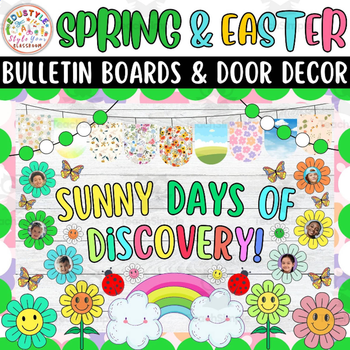 An educational teaching resource from Style Your Classroom entitled Sunny Days of Discovery! :Spring & Easter Bulletin Boards & Door Decor downloadable at Teach Simple.