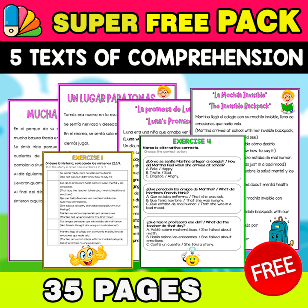 An educational teaching resource from EDITORIAL LAURA EDUCA entitled SUPER FREE PACK | 5 BILINGUAL TEXTS + COMPREHENSION QUESTIONS downloadable at Teach Simple.