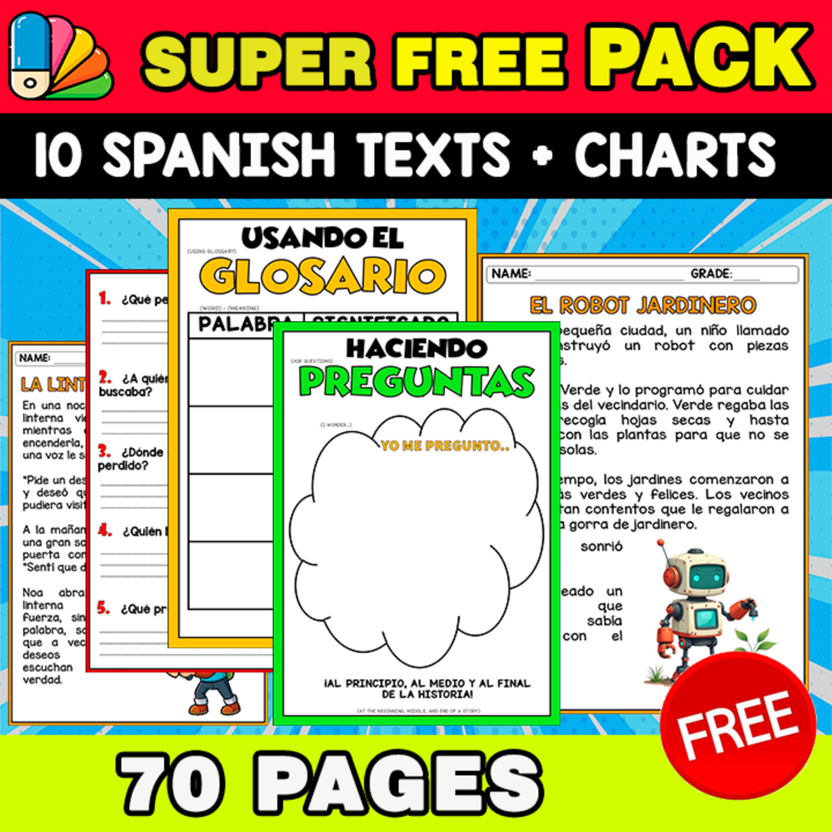 An educational teaching resource from EDITORIAL LAURA EDUCA entitled SUPER FREE PACK 70 PAGES | 10 Spanish Text + ANCHOR CHARTS | BUNDLE downloadable at Teach Simple.