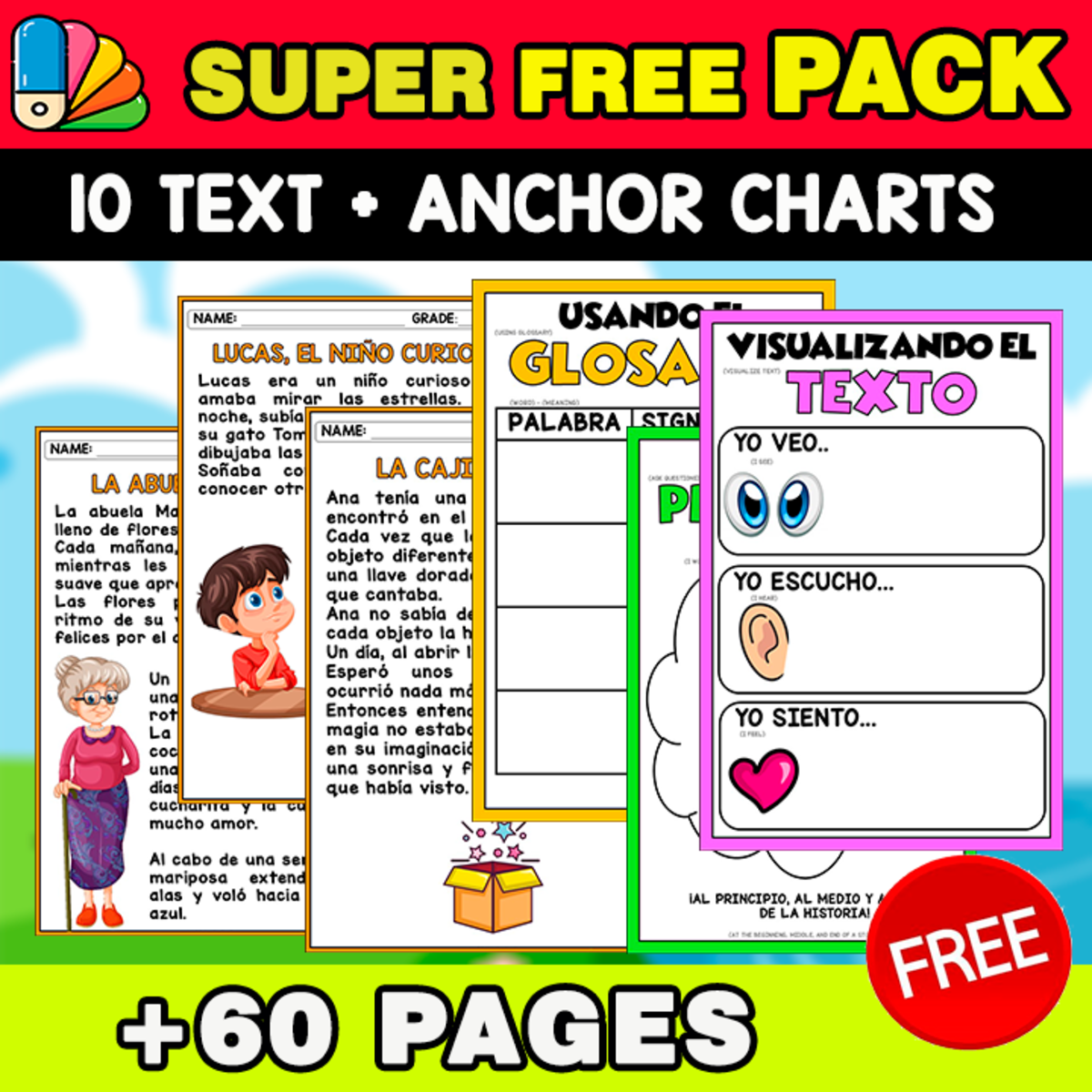 An educational teaching resource from EDITORIAL LAURA EDUCA entitled SUPER FREE PACK 70 PAGES | 10 SPANISH TEXT + ANCHOR CHARTS downloadable at Teach Simple.