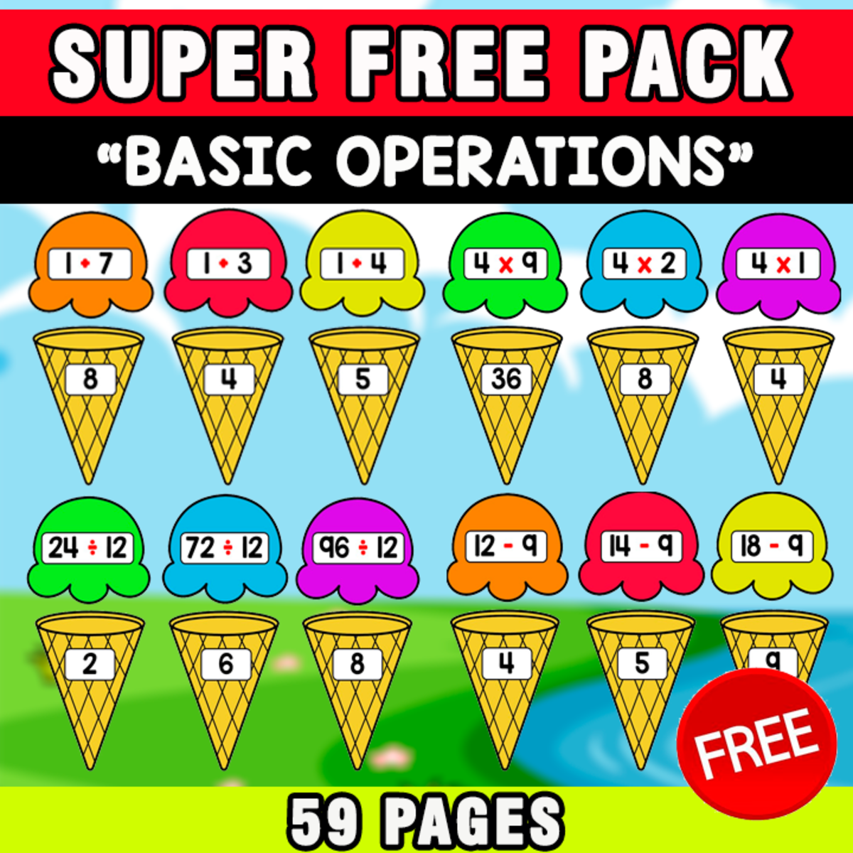 An educational teaching resource from EDITORIAL LAURA EDUCA entitled SUPER FREE PACK | BASIC OPERATIONS MATCHING GAME | 59 PAGES downloadable at Teach Simple.