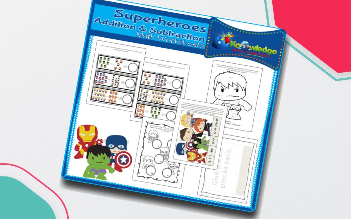 An educational teaching resource from Knowledge Box Central entitled Super Heroes Addition & Subtraction Math Worksheets - EBOOK downloadable at Teach Simple.
