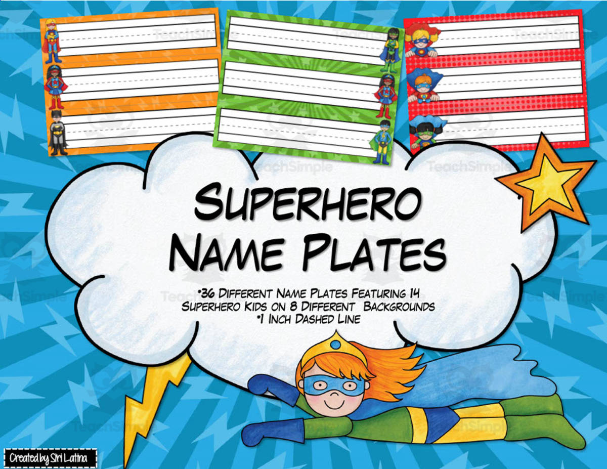 An educational teaching resource from Siri Latina entitled Superhero Name Plates downloadable at Teach Simple.