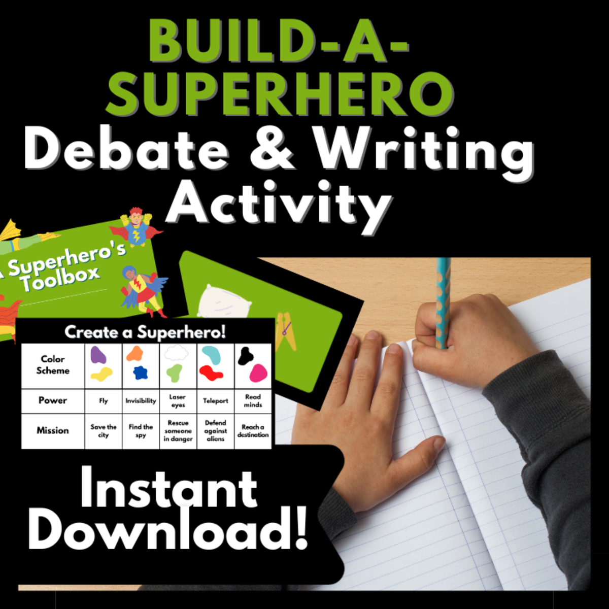 An educational teaching resource from Melissa Is Teaching entitled Superhero Problem Solving, Debate & Writing Activity downloadable at Teach Simple.
