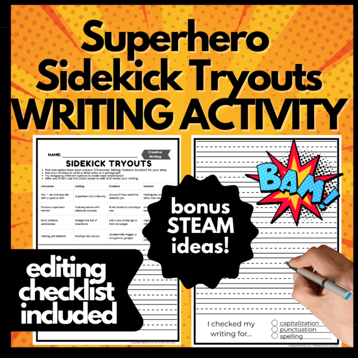 An educational teaching resource from Melissa Is Teaching entitled Superhero Sidekick Tryouts Writing Activity | Character traits, story downloadable at Teach Simple.