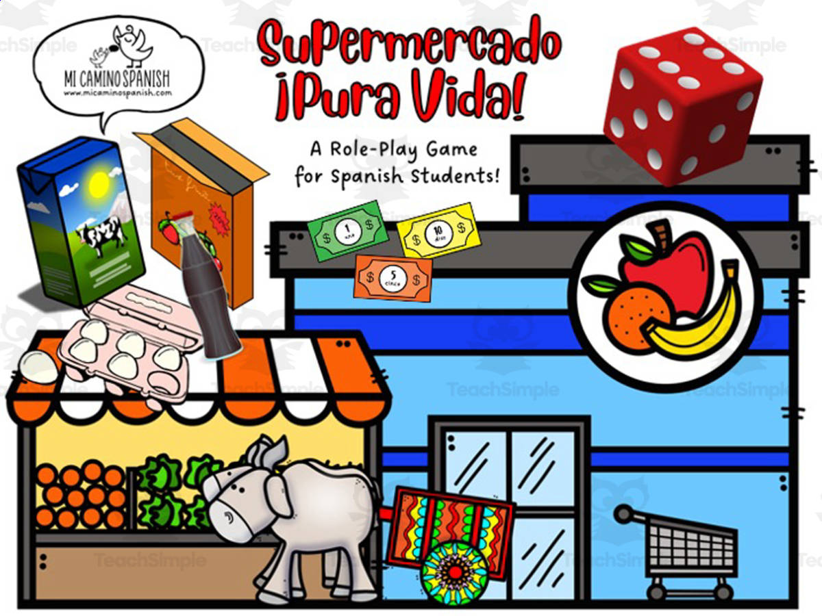 An educational teaching resource from Mi Camino Spanish entitled “Supermercado ¡PURA VIDA!” (Spanish Role-Play Shopping Game Food & Numbers) downloadable at Teach Simple.