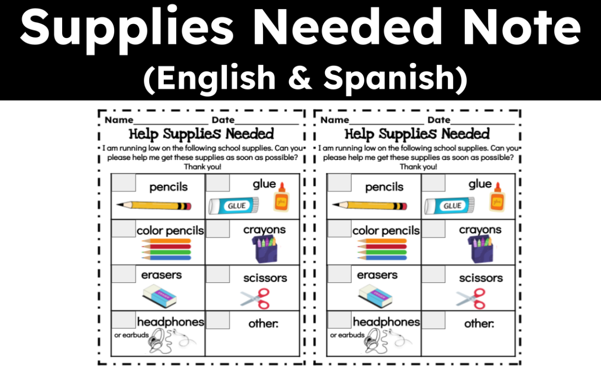 An educational teaching resource from CraftEdPrints entitled Supplies Needed Note- spanish & Ensligh downloadable at Teach Simple.