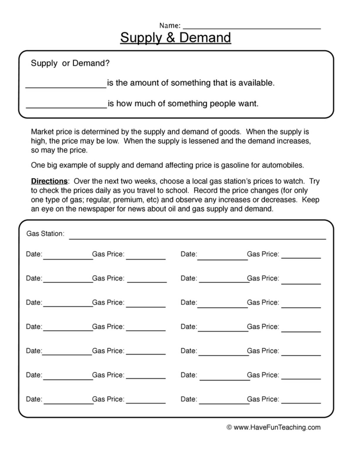 An educational teaching resource from Have Fun Teaching entitled Supply & Demand Worksheet downloadable at Teach Simple.